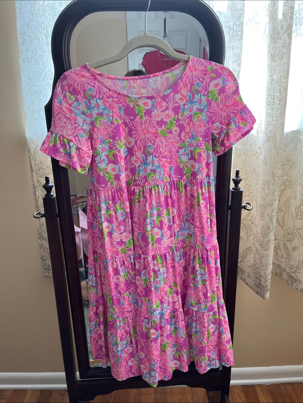 Lilly Pulitzer Pink Floral Tiered Dress with Blue and Green Accents